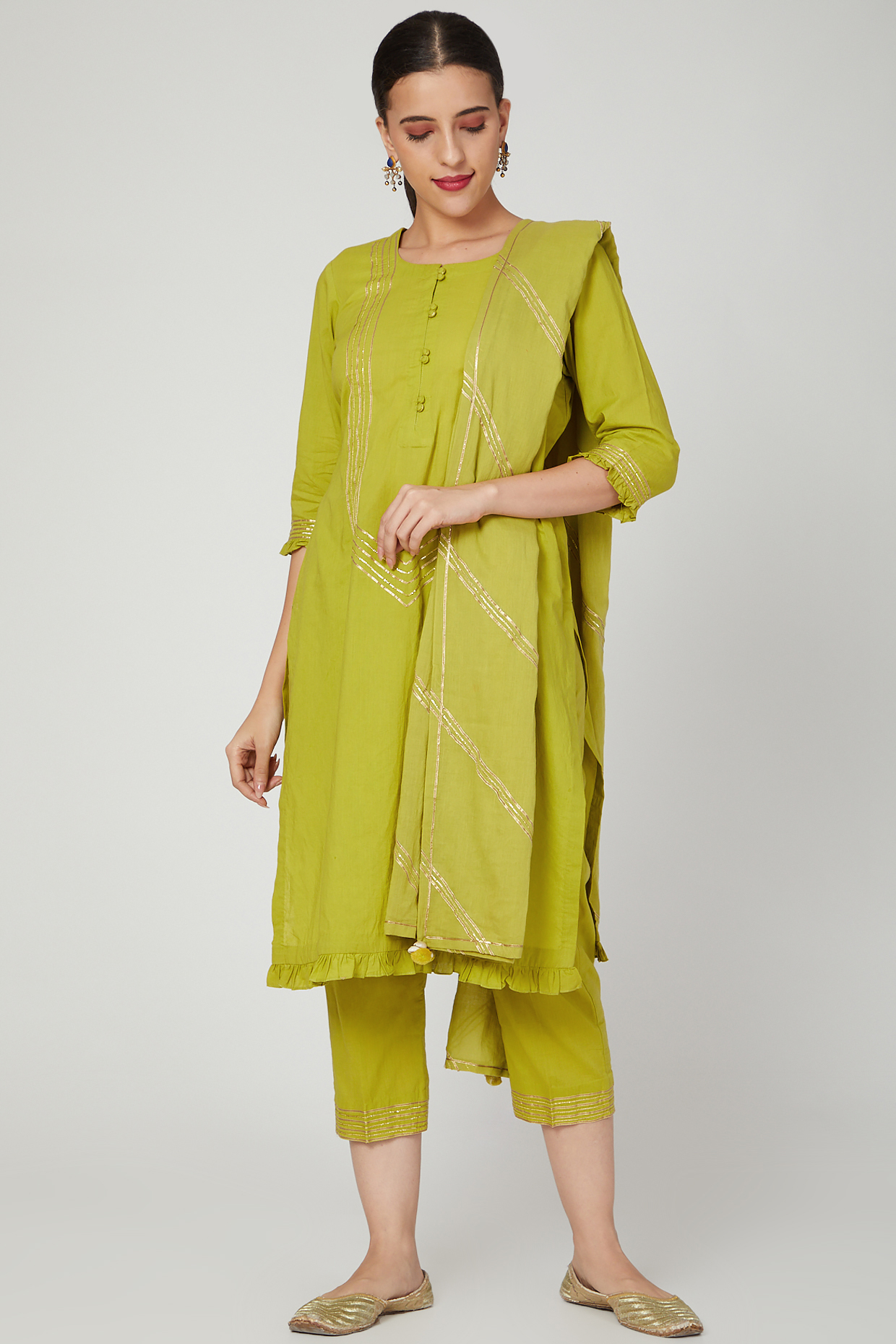 Kiwi Green Cotton Embroidered Kurta Set by KALAKARI