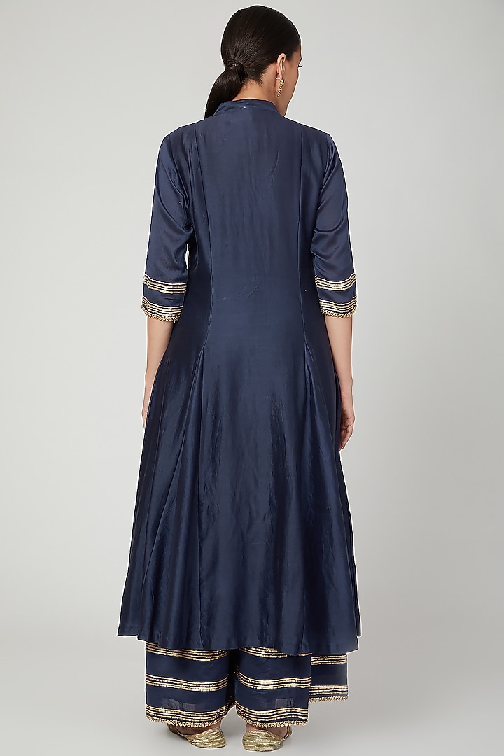 Navy Blue Cotton Silk & Chanderi Embroidered Kurta Set by KALAKARI BY AKANKSHA at Pernia's Pop Up Shop