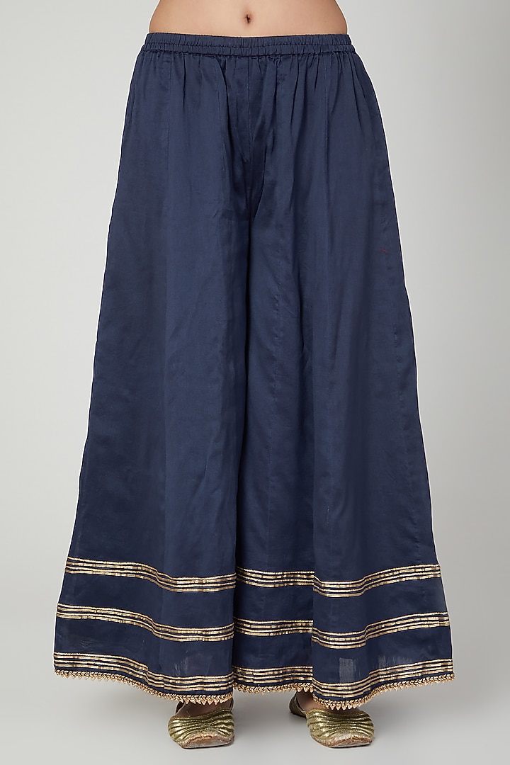 Navy Blue Cotton Silk & Chanderi Embroidered Kurta Set by KALAKARI BY AKANKSHA at Pernia's Pop Up Shop