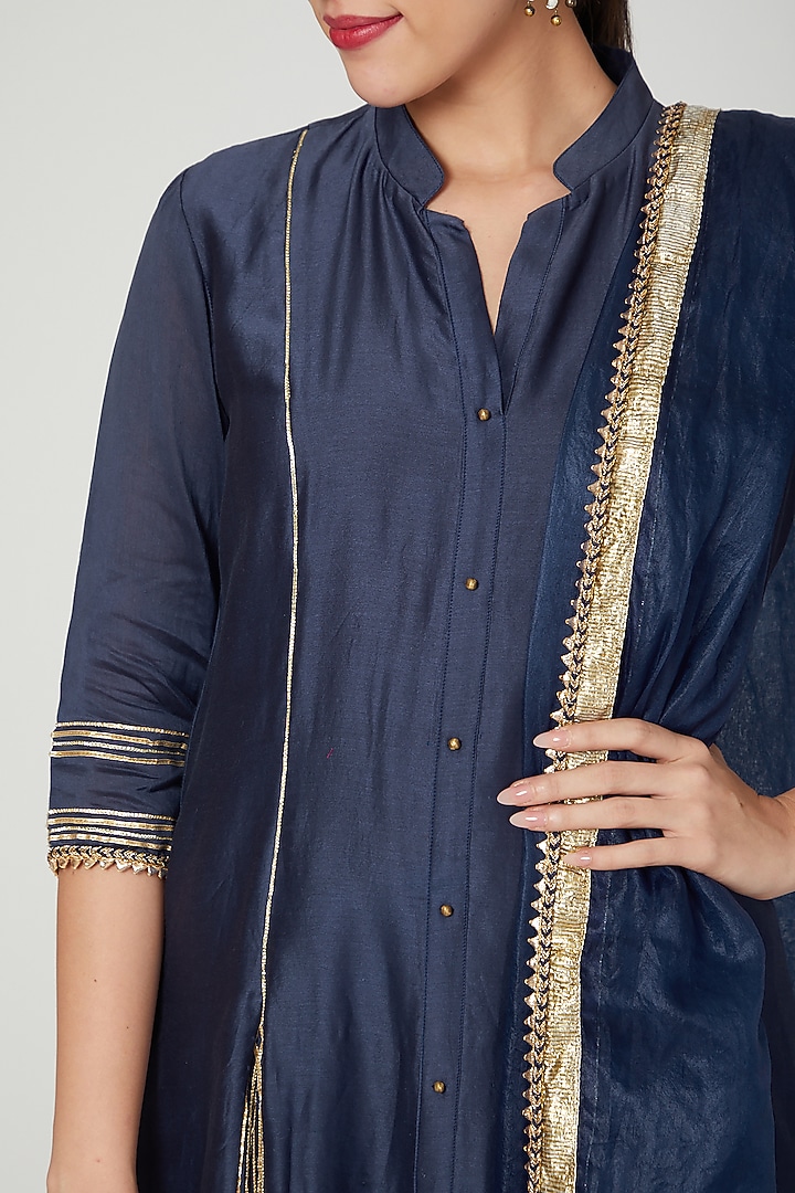Navy Blue Cotton Silk & Chanderi Embroidered Kurta Set by KALAKARI BY AKANKSHA at Pernia's Pop Up Shop