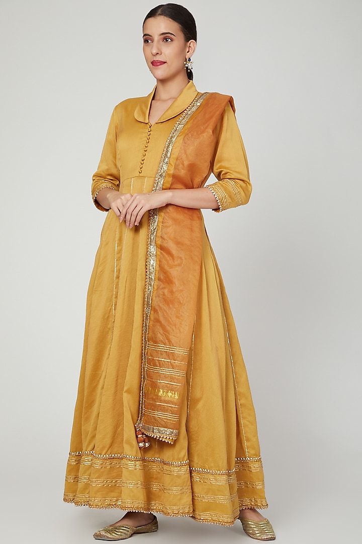 Golden Beige Cotton Silk Embroidered Anarkali With Dupatta by KALAKARI