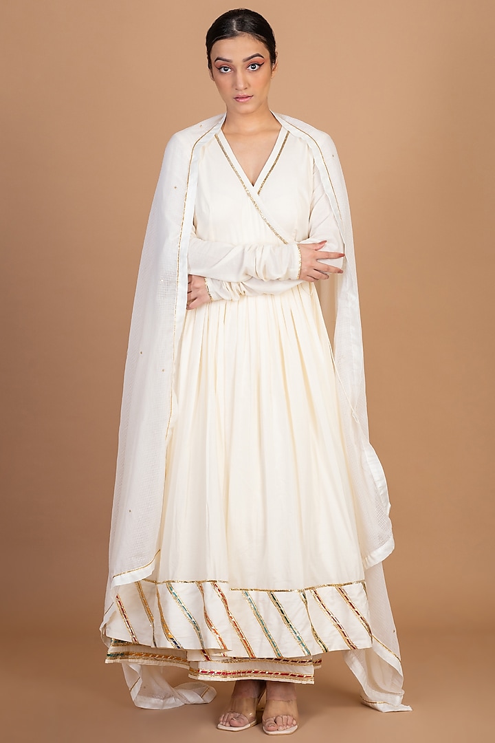 Cream Ivory Cotton Gota Embroidered Angrakha Kurta Set by KALAKARI BY AKANKSHA at Pernia's Pop Up Shop