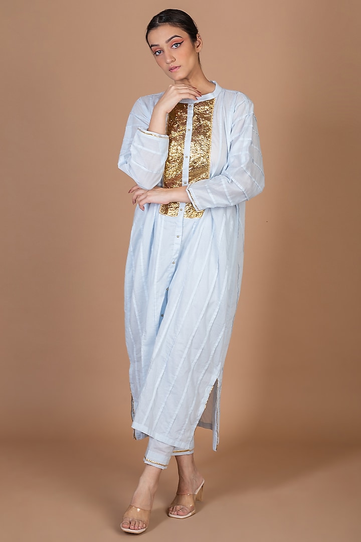 Powder Blue Cotton Gota Embroidered Kurta Set by KALAKARI BY AKANKSHA at Pernia's Pop Up Shop