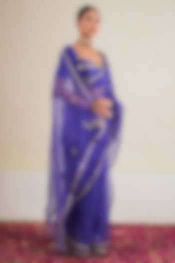 Purple Pure Silk Organza Peacock Motif Embroidered Wedding Saree Set by KALAKARI BY AKANKSHA at Pernia's Pop Up Shop