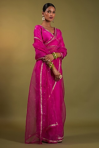 Fuchsia Pink Pure Silk Organza Peacock Motif Embroidered Saree Set by KALAKARI BY AKANKSHA