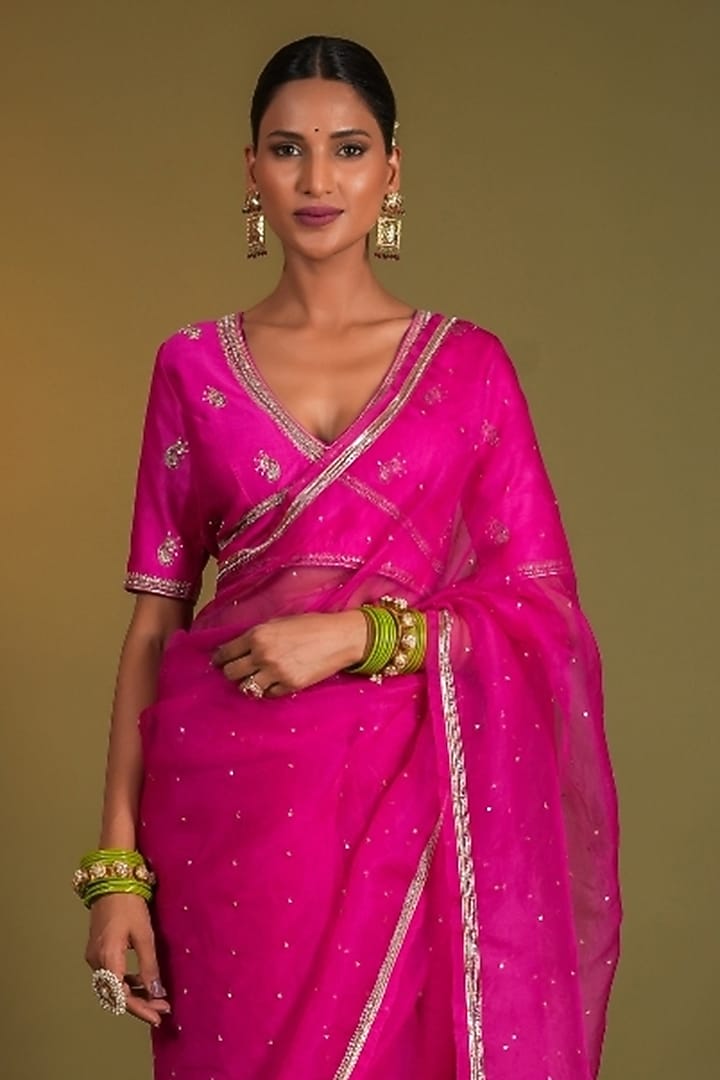 Fuchsia Pink Pure Silk Organza Peacock Motif Embroidered Wedding Saree Set by KALAKARI BY AKANKSHA at Pernia's Pop Up Shop