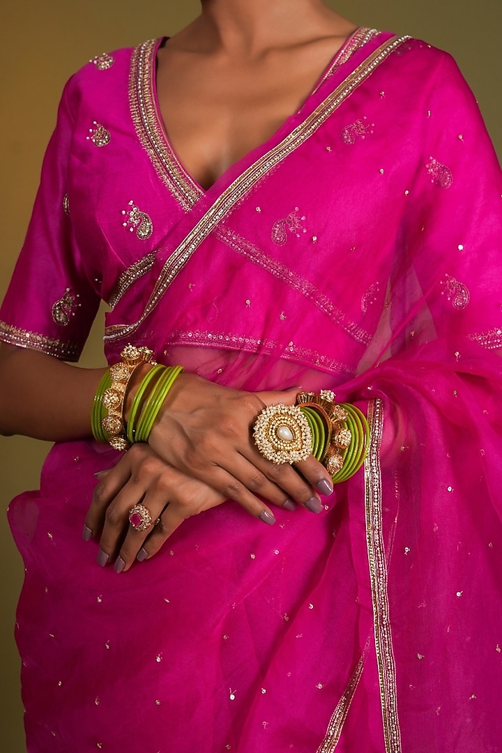 Fuchsia Pink Pure Silk Organza Peacock Motif Embroidered Wedding Saree Set by KALAKARI BY AKANKSHA at Pernia's Pop Up Shop