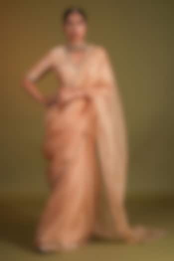Pale Pink Pure Silk Organza Peacock Motif Embroidered Wedding Saree Set by KALAKARI BY AKANKSHA at Pernia's Pop Up Shop
