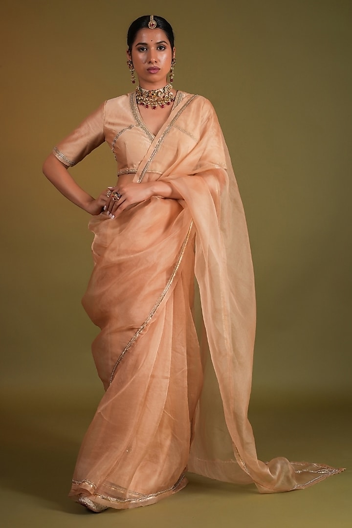 Pale Pink Pure Silk Organza Peacock Motif Embroidered Wedding Saree Set by KALAKARI BY AKANKSHA at Pernia's Pop Up Shop