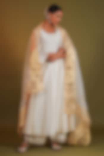 Ivory Pure Silk Chanderi A-Line Kalidar Kurta Set by KALAKARI BY AKANKSHA at Pernia's Pop Up Shop
