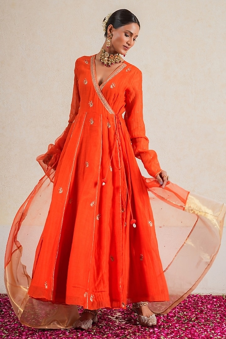 Orange Pure Silk Chanderi Hand Embroidered Wedding Anarkali Set by KALAKARI BY AKANKSHA at Pernia's Pop Up Shop