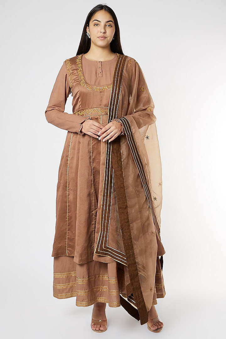 Brown Silk & Cotton Embroidered Anarkali Set by KALAKARI
