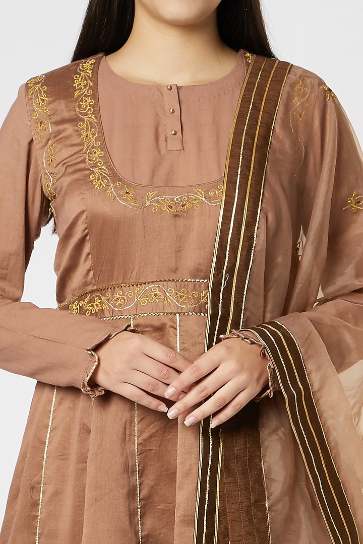 Brown Silk & Cotton Embroidered Party Wear Anarkali Set by KALAKARI BY AKANKSHA at Pernia's Pop Up Shop