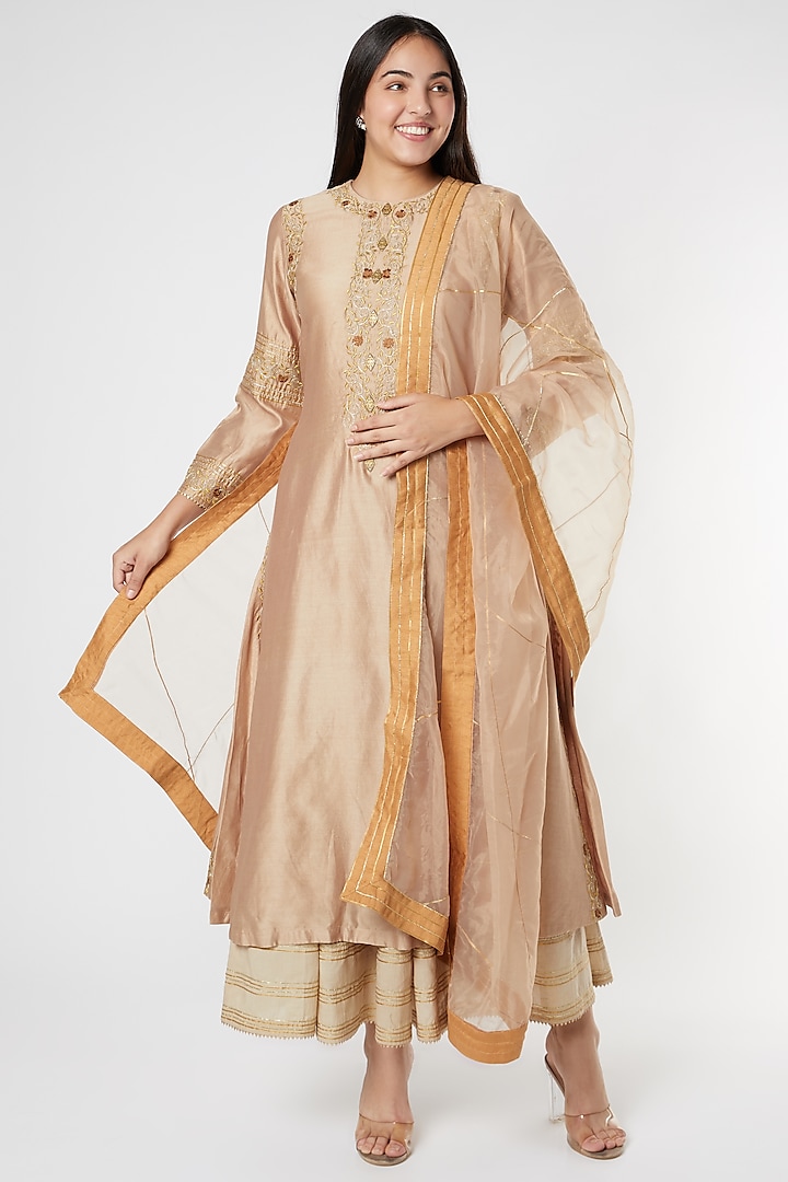 Peach Cotton Embroidered Kurta Set by KALAKARI