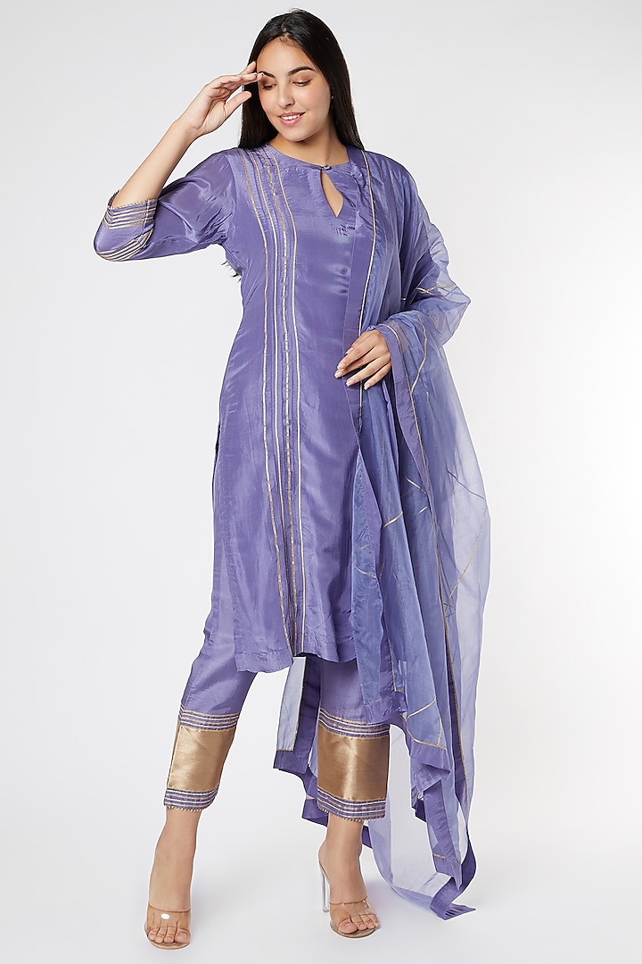 Purple Silk & Cotton Kurta Set With Gota Work by KALAKARI