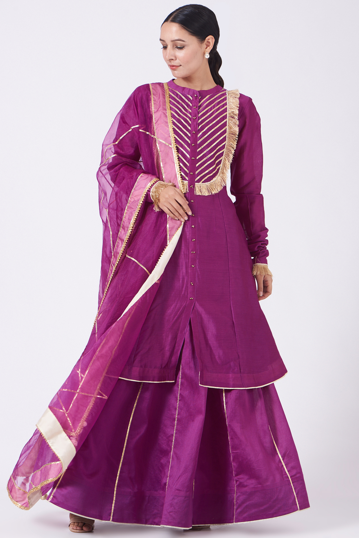 Mulberry Purple Embroidered A-Line Kurta Set by KALAKARI BY AKANKSHA