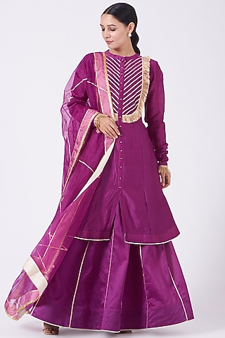 Mulberry Purple Embroidered A-Line Kurta Set by KALAKARI BY AKANKSHA