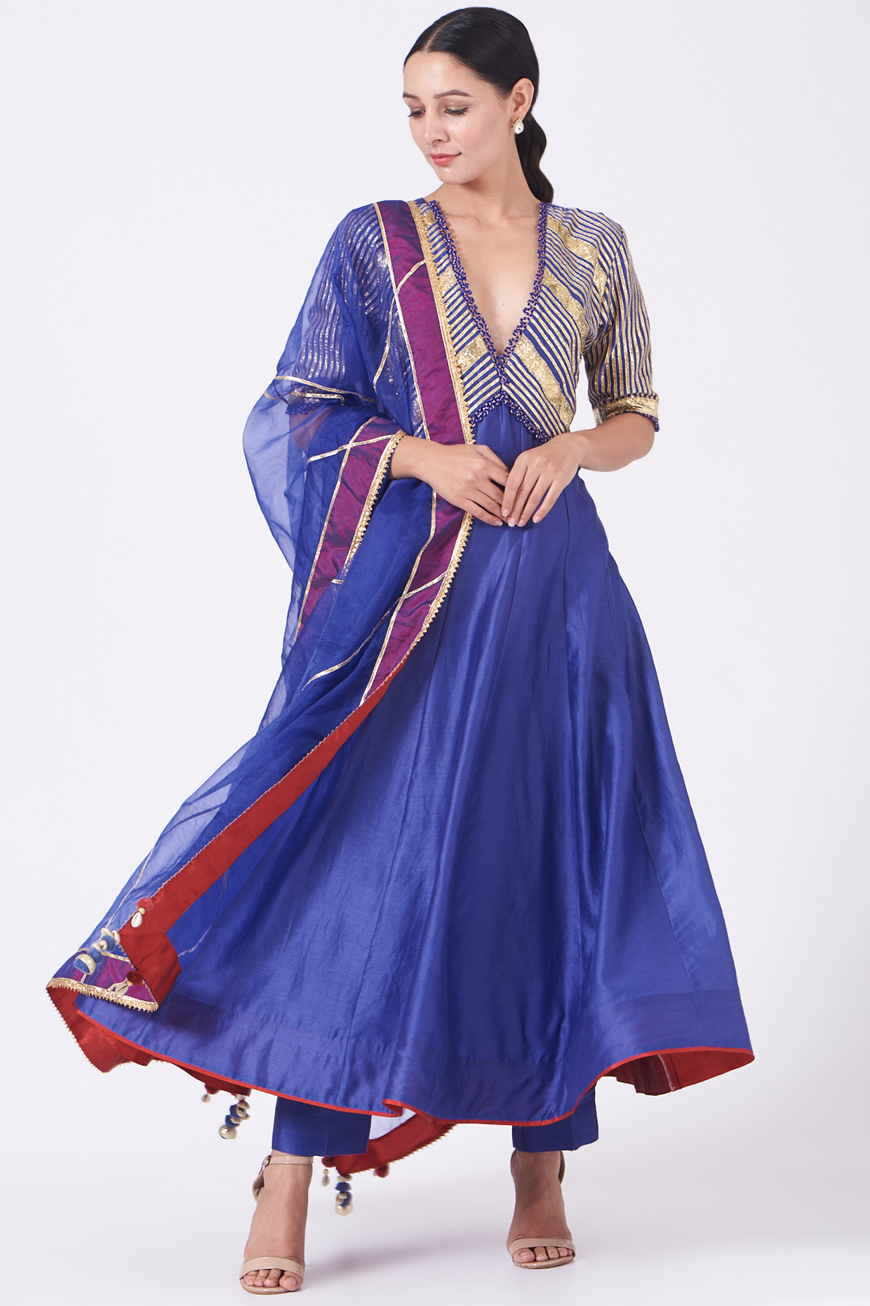 Cobalt Blue Embroidered Kalidar Kurta Set by Kalakari