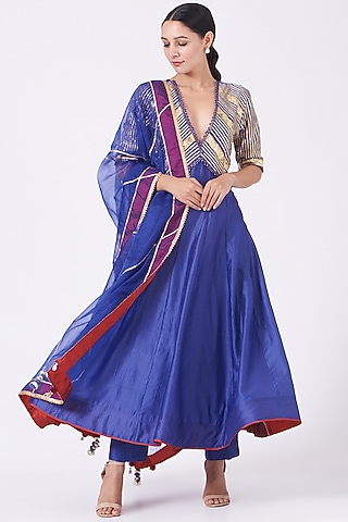 Cobalt Blue Embroidered Kalidar Kurta Set by KALAKARI BY AKANKSHA