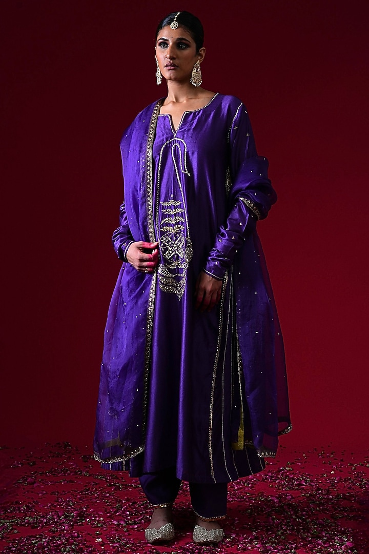 Purple Silk Chanderi Hand & Machine Embroidered A-Line Kurta Set by KALAKARI BY AKANKSHA at Pernia's Pop Up Shop