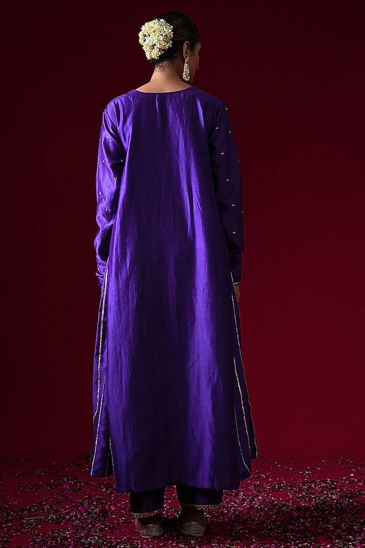 Purple Silk Chanderi Hand & Machine Embroidered A-Line Kurta Set by KALAKARI BY AKANKSHA at Pernia's Pop Up Shop