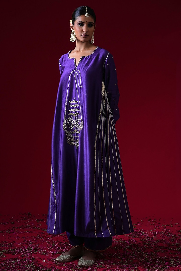 Purple Silk Chanderi Hand & Machine Embroidered A-Line Kurta Set by KALAKARI BY AKANKSHA at Pernia's Pop Up Shop