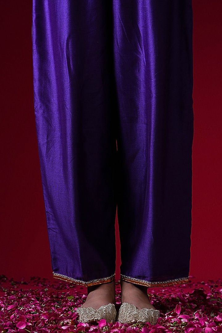 Purple Silk Chanderi Hand & Machine Embroidered A-Line Kurta Set by KALAKARI BY AKANKSHA at Pernia's Pop Up Shop