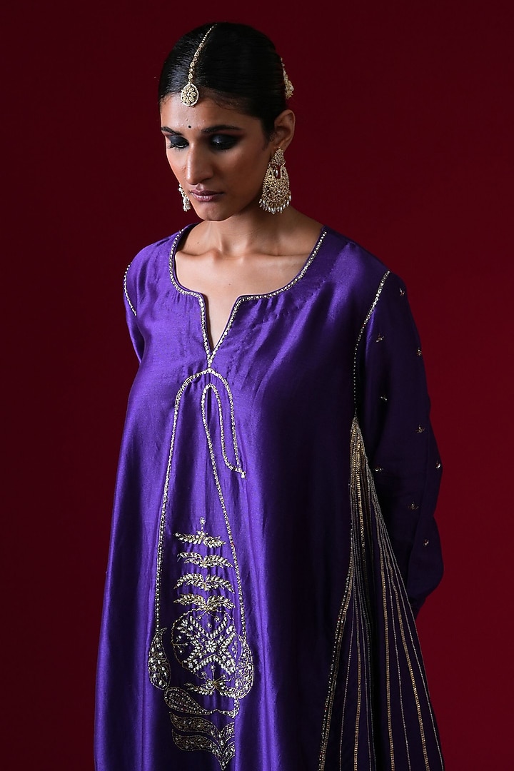 Purple Silk Chanderi Hand & Machine Embroidered A-Line Kurta Set by KALAKARI BY AKANKSHA at Pernia's Pop Up Shop