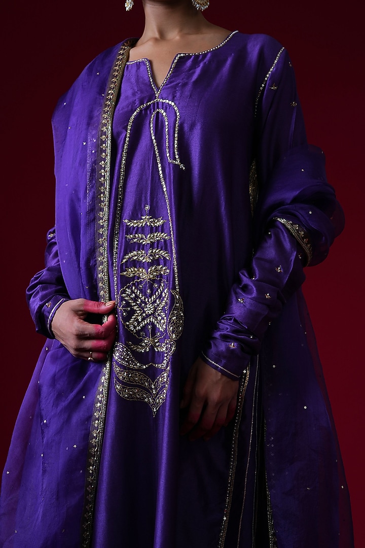 Purple Silk Chanderi Hand & Machine Embroidered A-Line Kurta Set by KALAKARI BY AKANKSHA at Pernia's Pop Up Shop