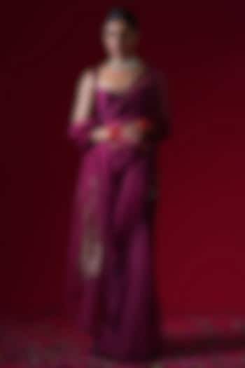 Burgundy Organza Hand & Machine Embroidered Party Wear Saree Set by KALAKARI BY AKANKSHA at Pernia's Pop Up Shop