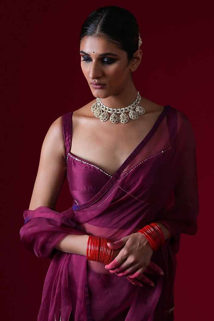 Burgundy Organza Hand & Machine Embroidered Party Wear Saree Set by KALAKARI BY AKANKSHA at Pernia's Pop Up Shop