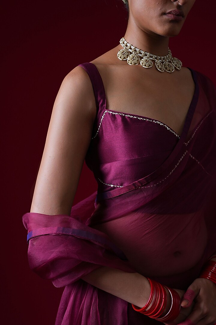 Burgundy Organza Hand & Machine Embroidered Party Wear Saree Set by KALAKARI BY AKANKSHA at Pernia's Pop Up Shop