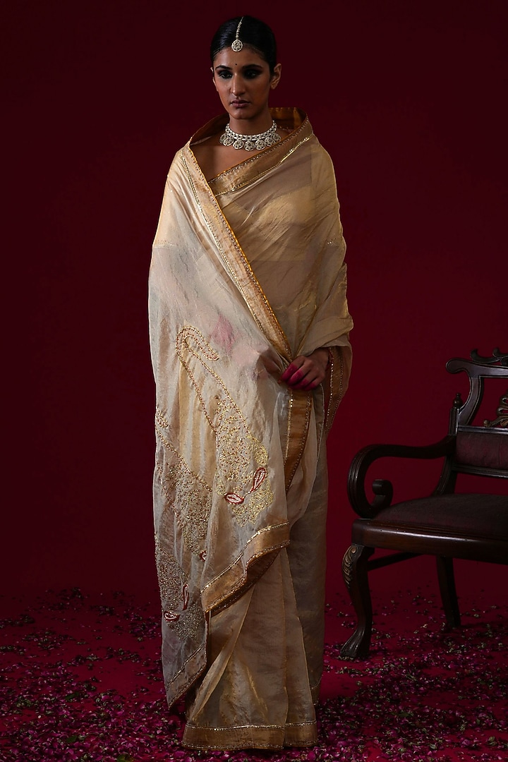 Gold Organza Tissue Hand & Machine Embroidered Party Wear Saree Set by KALAKARI BY AKANKSHA at Pernia's Pop Up Shop