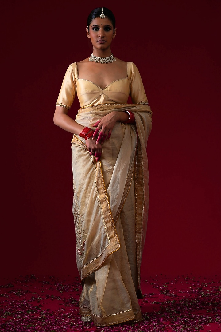 Gold Organza Tissue Hand & Machine Embroidered Party Wear Saree Set by KALAKARI BY AKANKSHA at Pernia's Pop Up Shop
