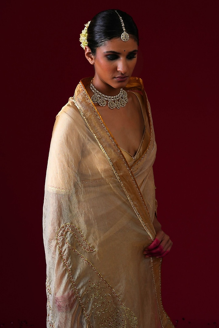 Gold Organza Tissue Hand & Machine Embroidered Party Wear Saree Set by KALAKARI BY AKANKSHA at Pernia's Pop Up Shop