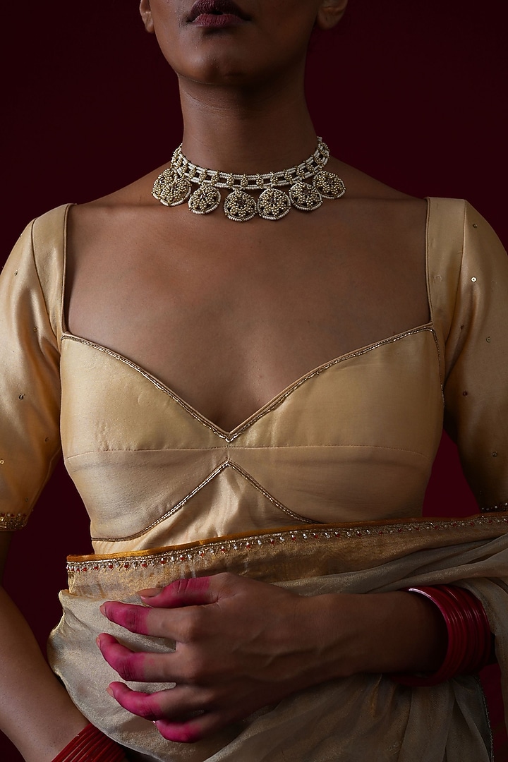 Gold Organza Tissue Hand & Machine Embroidered Party Wear Saree Set by KALAKARI BY AKANKSHA at Pernia's Pop Up Shop