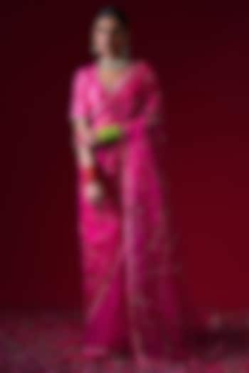Pink Organza Hand & Machine Embroidered Party Wear Saree Set by KALAKARI BY AKANKSHA at Pernia's Pop Up Shop