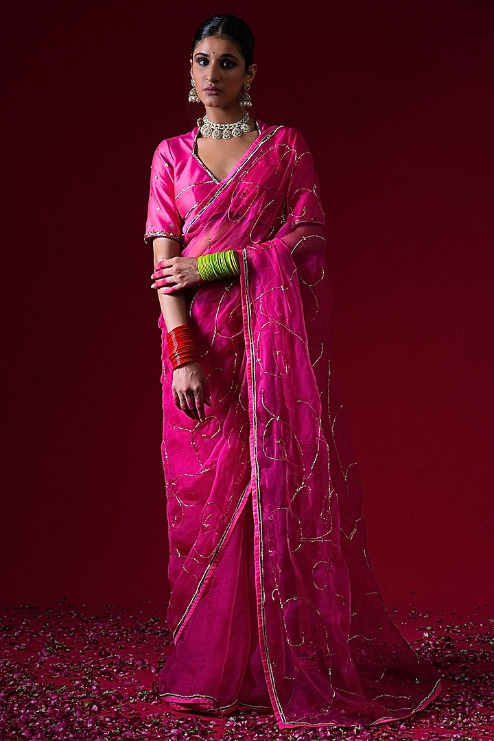 Pink Organza Hand & Machine Embroidered Party Wear Saree Set by KALAKARI BY AKANKSHA at Pernia's Pop Up Shop