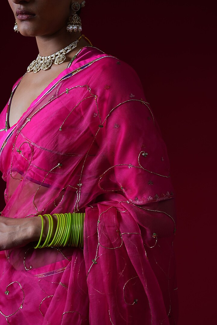 Pink Organza Hand & Machine Embroidered Party Wear Saree Set by KALAKARI BY AKANKSHA at Pernia's Pop Up Shop