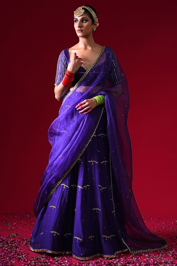 Purple Silk Chanderi Hand & Machine Embroidered Wedding Lehenga Set by KALAKARI BY AKANKSHA at Pernia's Pop Up Shop