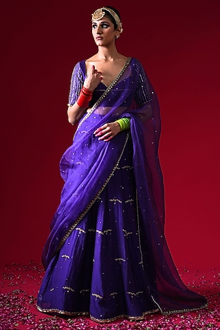 Purple Silk Chanderi Hand & Machine Embroidered Lehenga Set by KALAKARI BY AKANKSHA