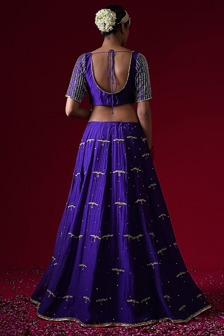 Purple Silk Chanderi Hand & Machine Embroidered Wedding Lehenga Set by KALAKARI BY AKANKSHA at Pernia's Pop Up Shop
