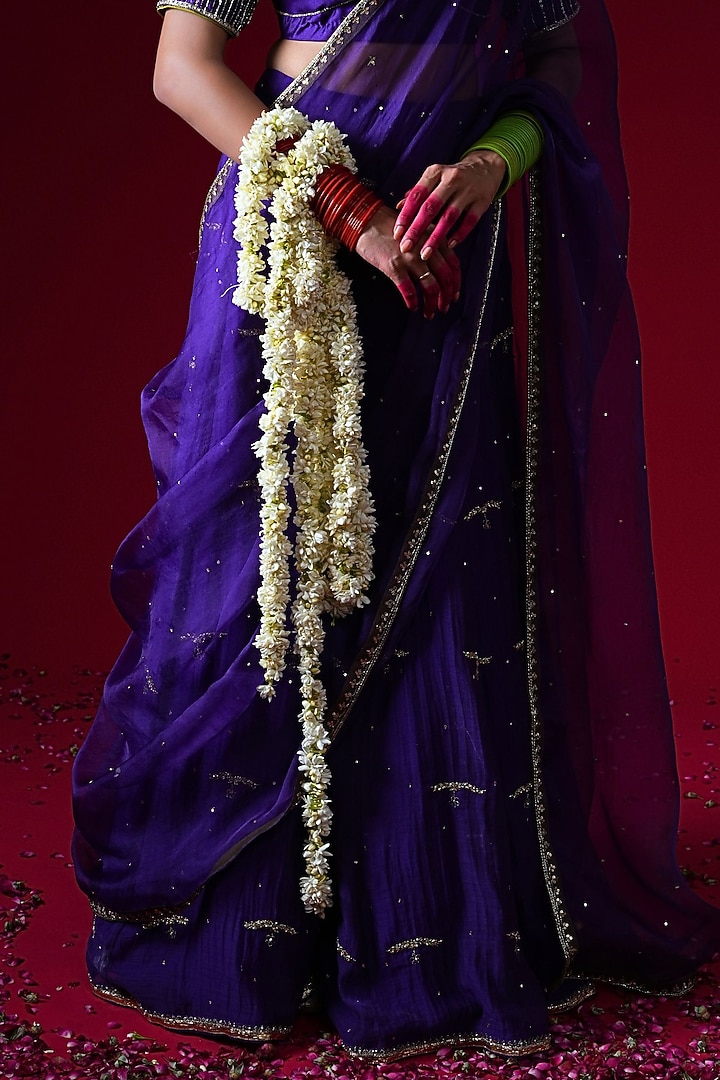 Purple Silk Chanderi Hand & Machine Embroidered Wedding Lehenga Set by KALAKARI BY AKANKSHA at Pernia's Pop Up Shop