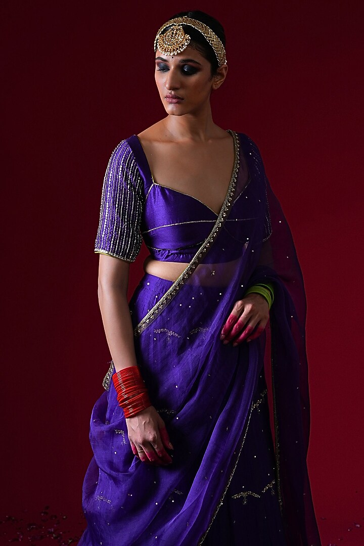 Purple Silk Chanderi Hand & Machine Embroidered Wedding Lehenga Set by KALAKARI BY AKANKSHA at Pernia's Pop Up Shop
