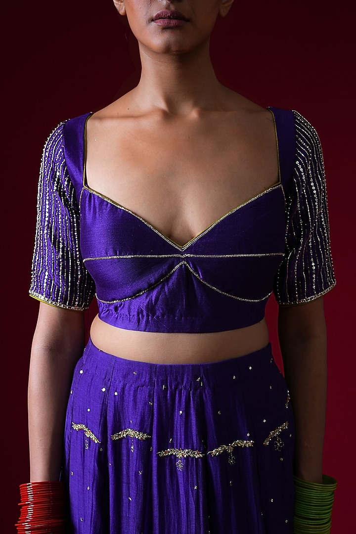 Purple Silk Chanderi Hand & Machine Embroidered Wedding Lehenga Set by KALAKARI BY AKANKSHA at Pernia's Pop Up Shop