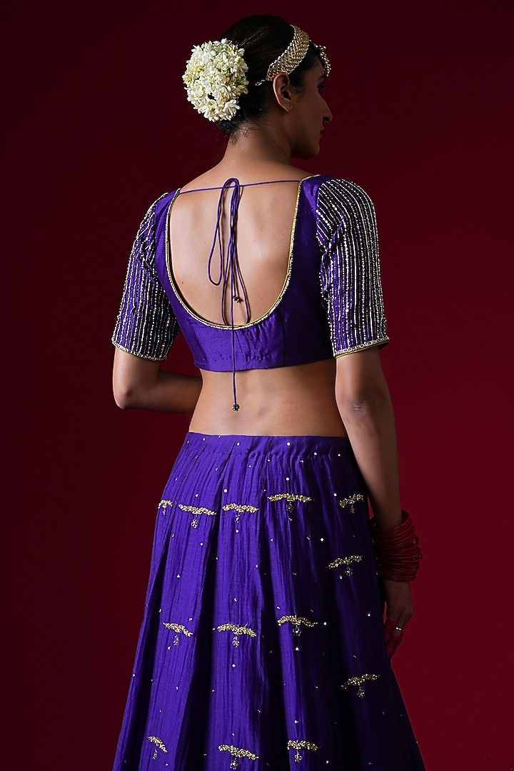 Purple Silk Chanderi Hand & Machine Embroidered Wedding Lehenga Set by KALAKARI BY AKANKSHA at Pernia's Pop Up Shop