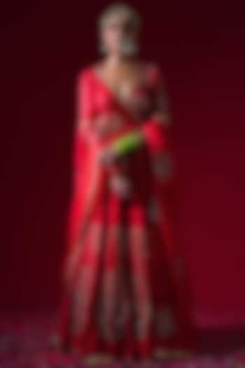Red Silk Chanderi Machine Embroidered Wedding Lehenga Set by KALAKARI BY AKANKSHA at Pernia's Pop Up Shop