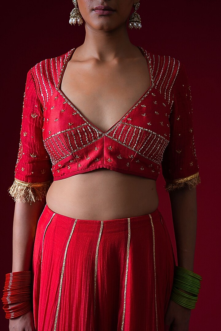Red Silk Chanderi Machine Embroidered Wedding Lehenga Set by KALAKARI BY AKANKSHA at Pernia's Pop Up Shop