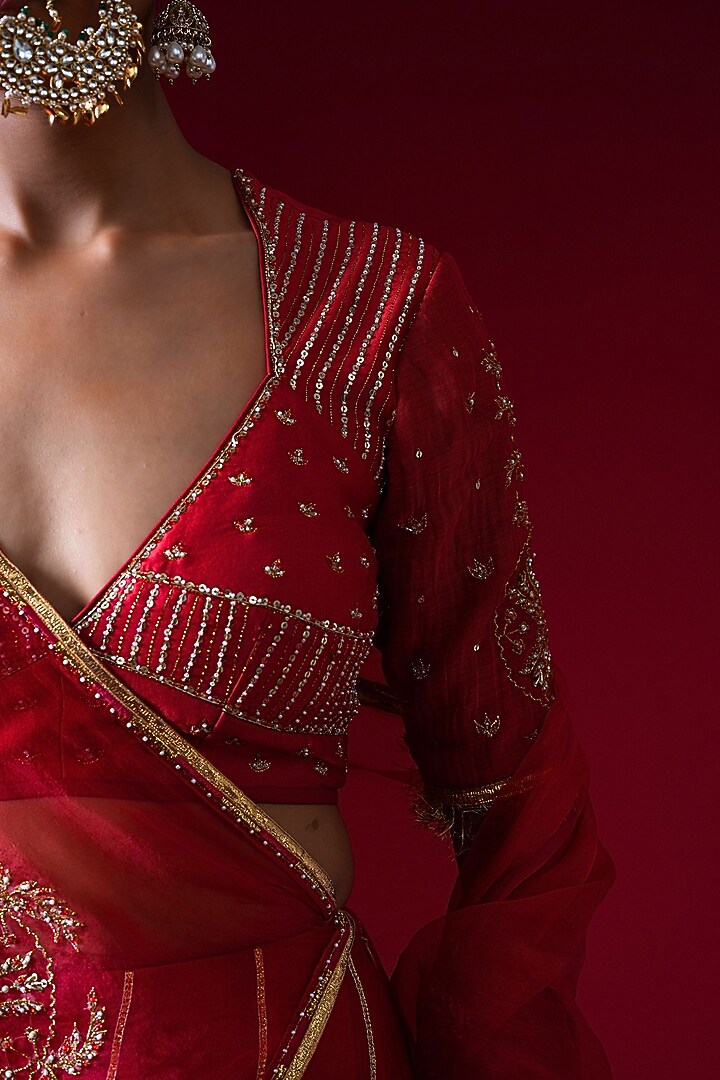 Red Silk Chanderi Machine Embroidered Wedding Lehenga Set by KALAKARI BY AKANKSHA at Pernia's Pop Up Shop