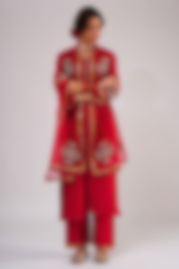 Deep Red Pure Silk Chanderi Machine Embroidered A-Line Kurta Set by KALAKARI BY AKANKSHA at Pernia's Pop Up Shop